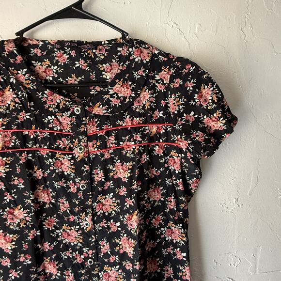 So-En Shirt Large Black Pink Floral Button Up Short Sleeve Japanese Peasant - Picture 2 of 7